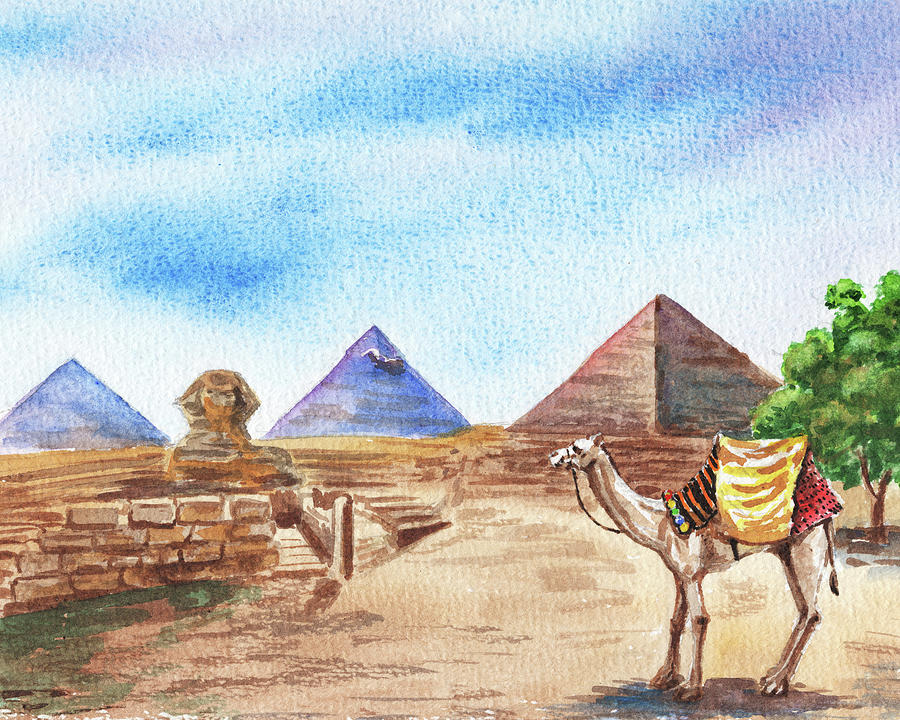 Egypt Desert Camel At Giza Pyramids And Sphinx  Painting by Irina Sztukowski