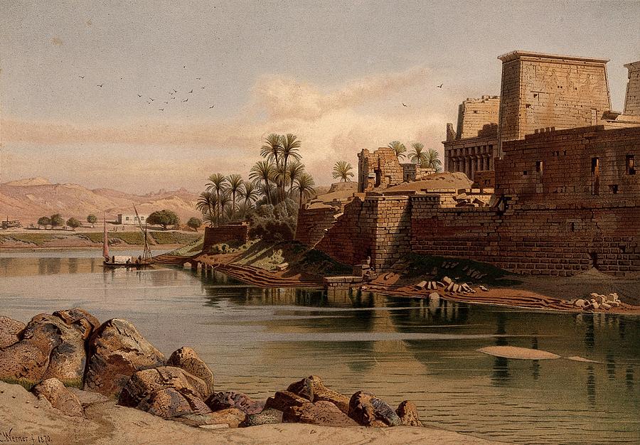 Egypt  the temple of Isis at Philae. Colour lithograph by G.W. Seitz, ca. 1878, after Carl Werner, 1 Painting by Artistic Rifki