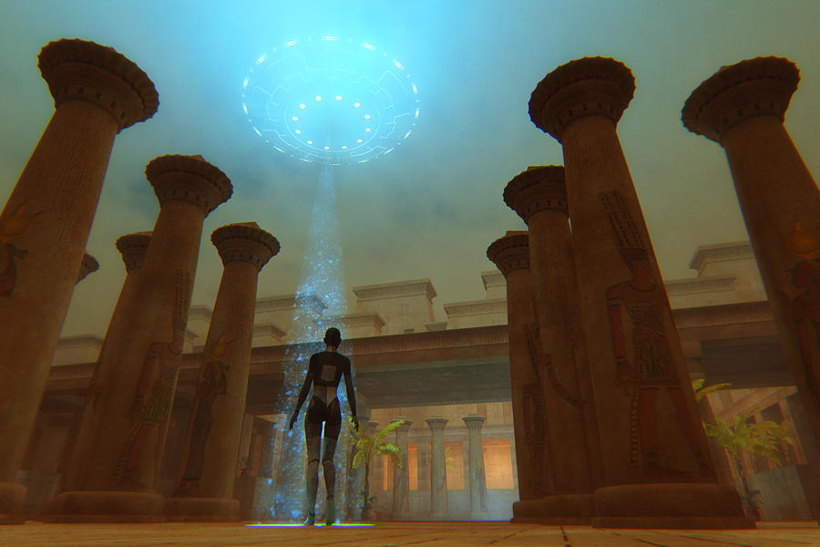 Egyptian goddess in ancient temple and flying UFO Photograph by Gremlin