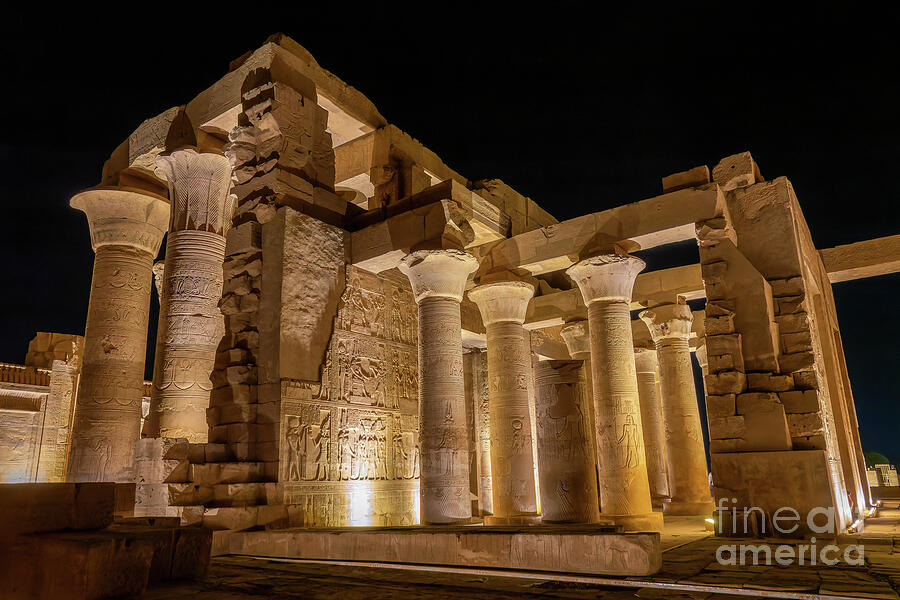 Egyptian temple at night, Kom Ombo, Egypt Photograph by Delphimages Photo Creations