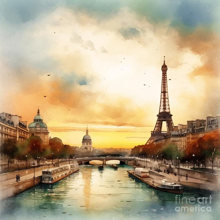 Eiffel Tower and Seine River Reflections Painting by Watercolor And ...