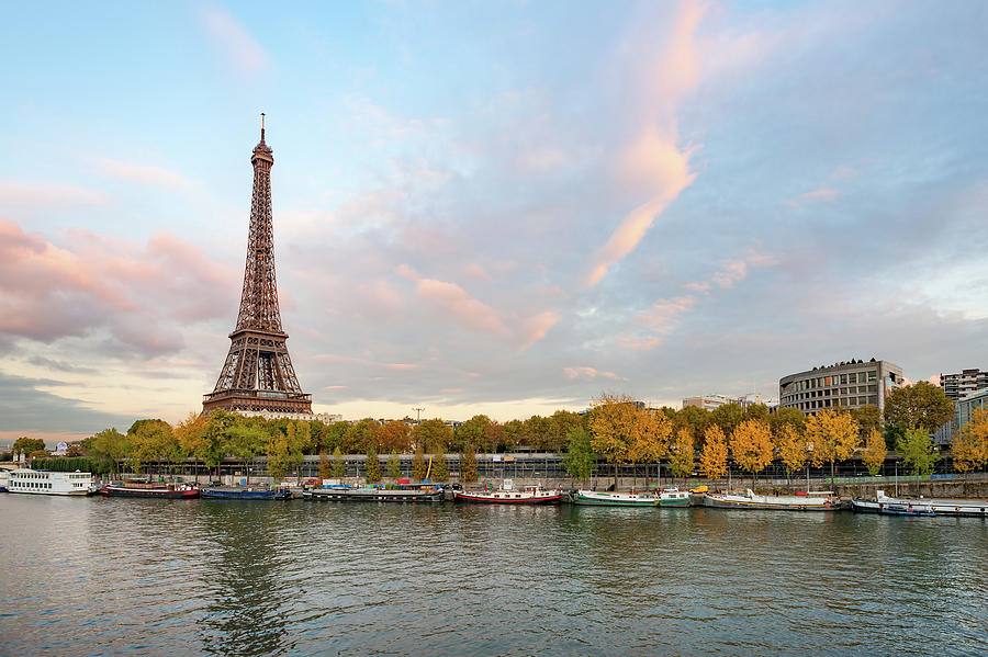 Eiffel tower at dusk in paris with river Seine Photograph by Philippe Lejeanvre
