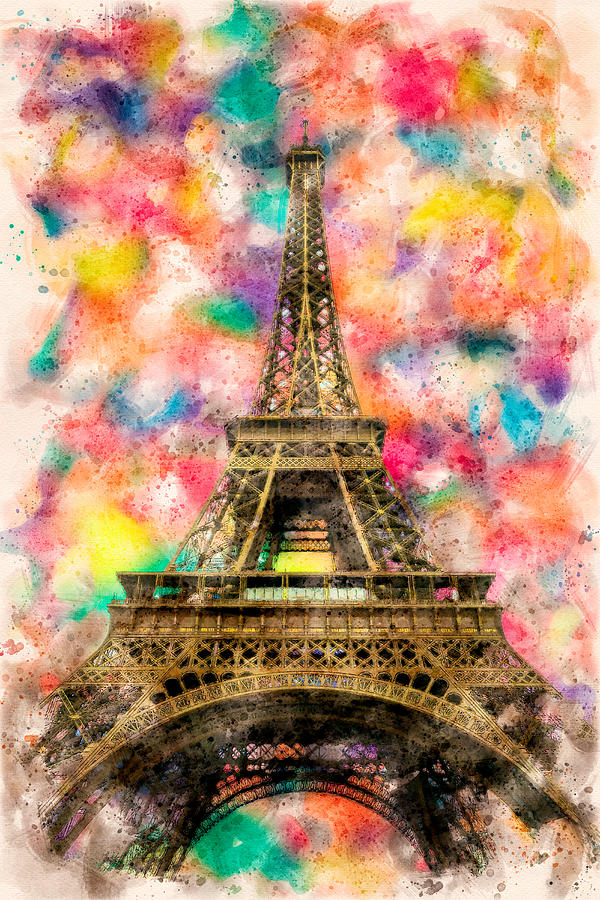 Eiffel Tower Colorful Watercolor Digital Art by Luis G Amor - Lugamor