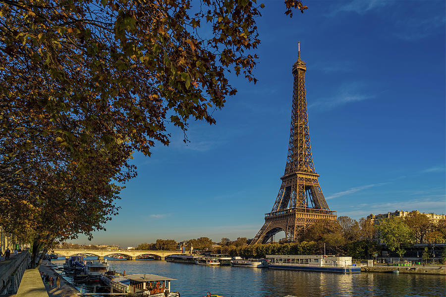 Eiffel Tower Enlightened by Sun at Day in Paris Fall Colors Trees Seine ...