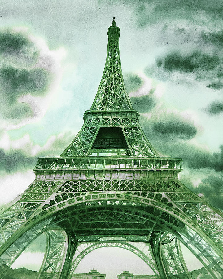 Eiffel Tower In Cool Green Watercolor French Chic Decor Painting by Irina Sztukowski