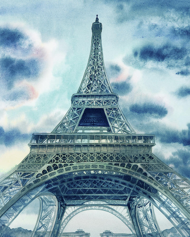 Eiffel Tower In Teal Blue Watercolor French Chic Decor Painting by Irina Sztukowski