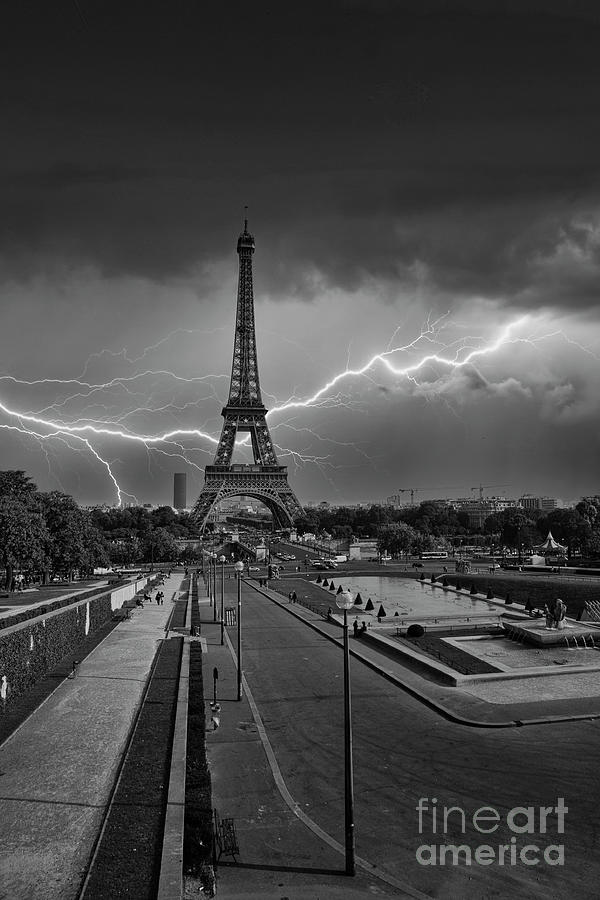 Eiffel Tower Lightning Paris BW Photograph by Chuck Kuhn