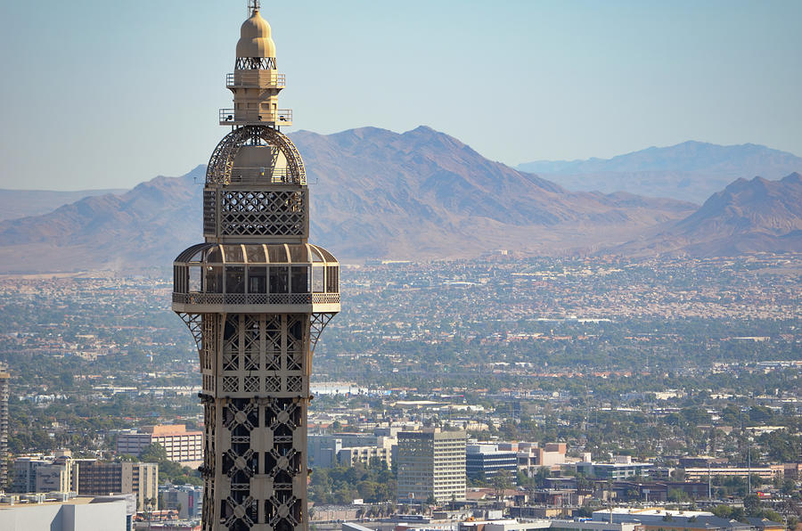 Eiffel Tower Observation Deck Overlooking Las Vegas Valley and Mountains Photograph by Shawn OBrien