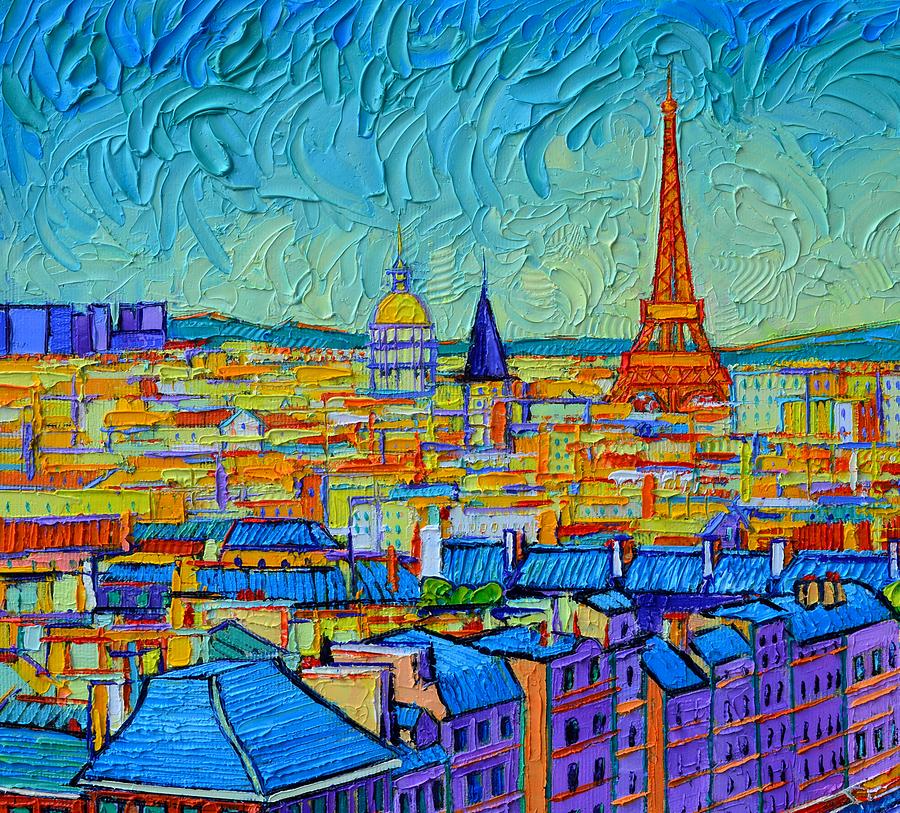 EIFFEL TOWER OVER PARIS ROOFTOPS commissioned painting abstract cityscape Ana Maria Edulescu Painting by Ana Maria Edulescu