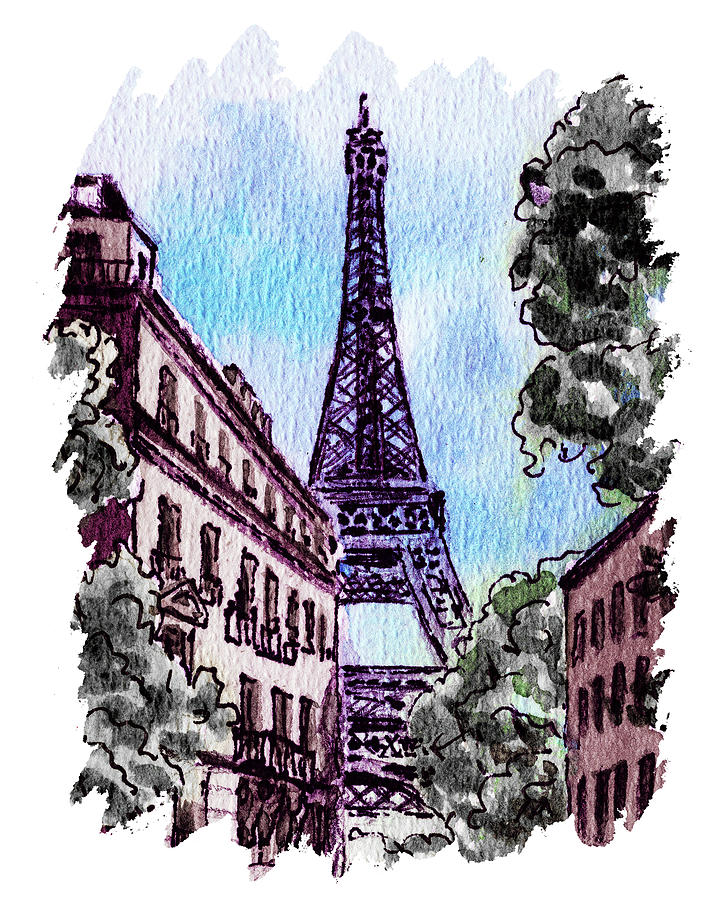 Eiffel Tower Paris France With Free Impulsive Purple Brush Strokes  Painting by Irina Sztukowski