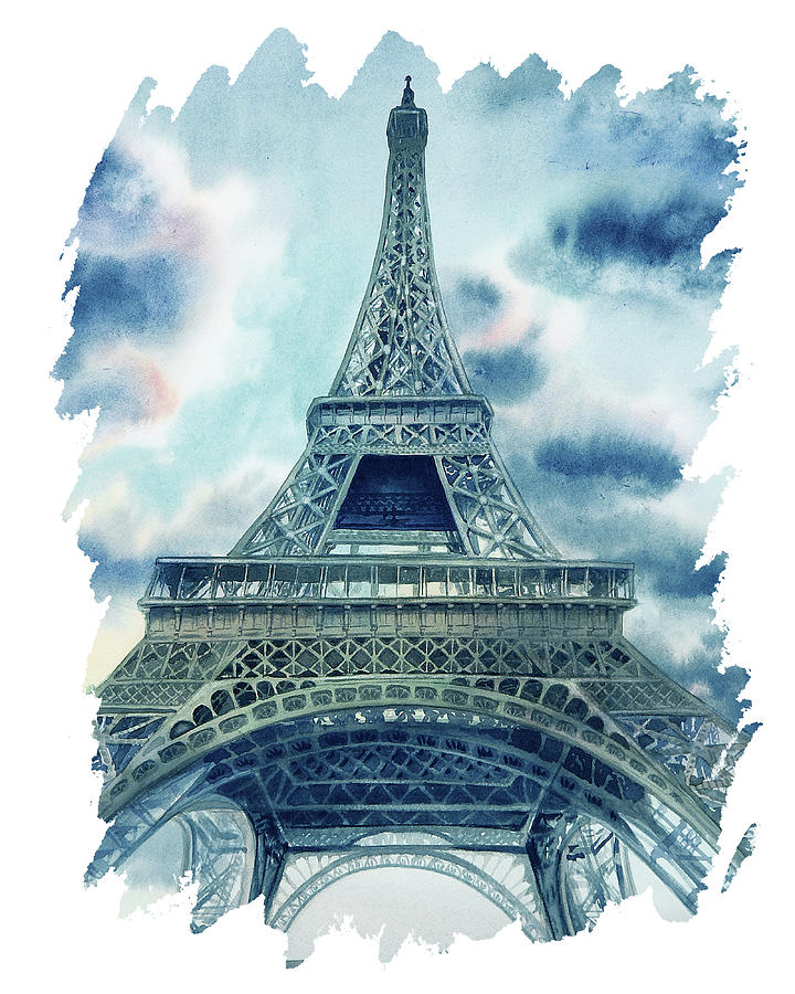 Eiffel Tower Paris France With Free Impulsive Teal Blue Brush Strokes