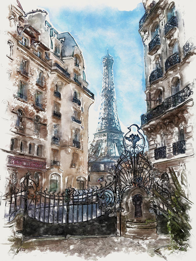 Eiffel Tower View from a House Courtyard Painting by Marian Voicu