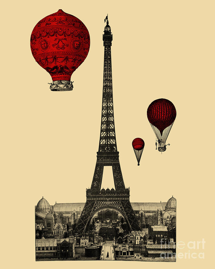 Eiffel Tower Digital Art - Eiffel Tower With Red Hot Air Balloons by Madame Memento