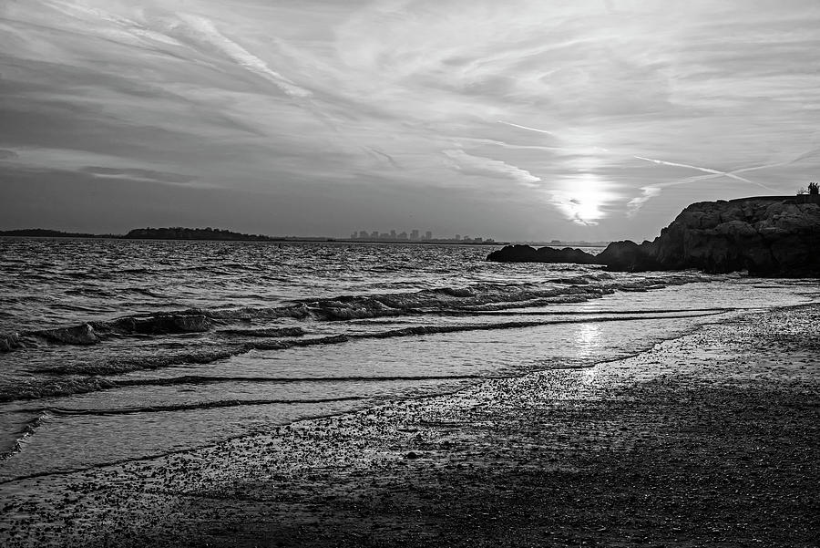Eismans Beach Swampscott Massachusetts Golden Sunset Golden Reflection Black and White Photograph by Toby McGuire