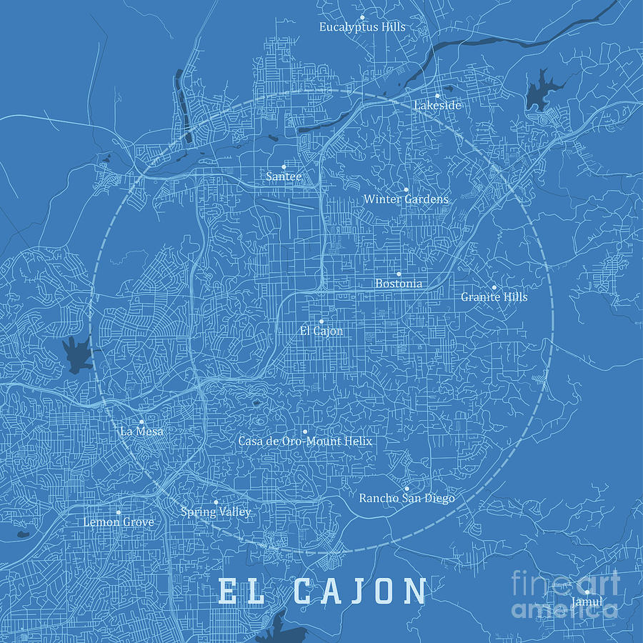 El Cajon CA City Vector Road Map Blue Text Digital Art by Frank ...