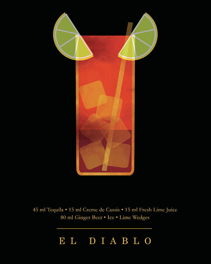 Summer Digital Art - El Diablo Cocktail - Classic Cocktail Print - Black and Gold - Modern, Minimal Lounge Art  by Studio Grafiikka