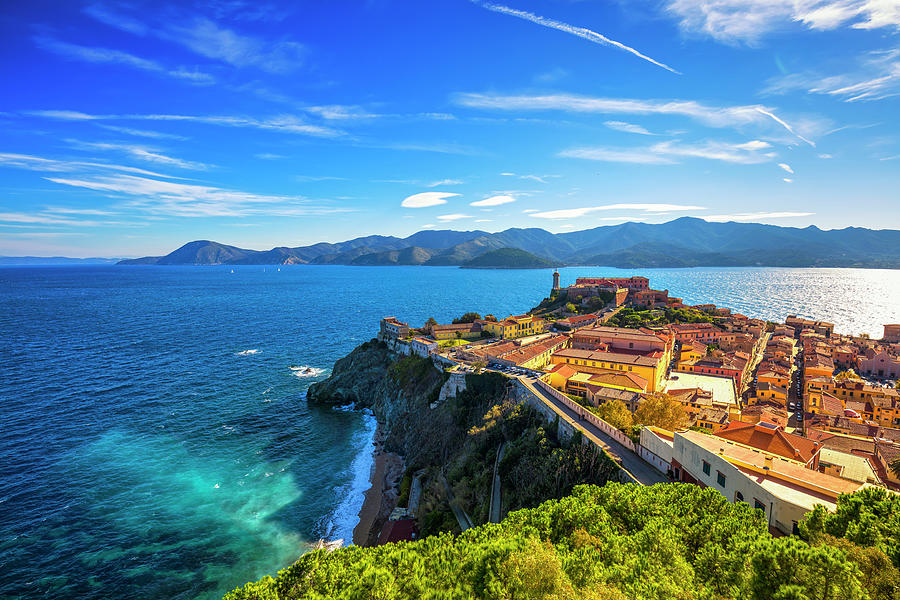 Elba island, Portoferraio aerial view. Lighthouse and fort. Tusc ...