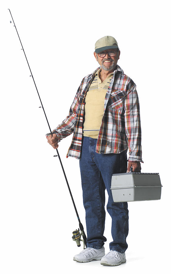 Elderly man smiles holding a fishing pole and a tackle box. Photograph by Photodisc