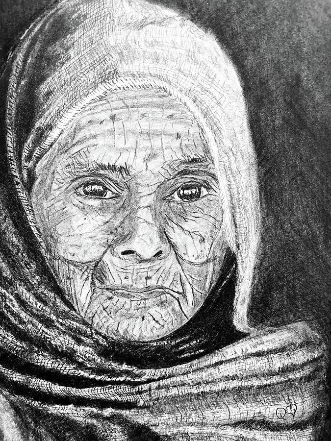 ElderlyWoman with Scarf Drawing by Quwatha Valentine
