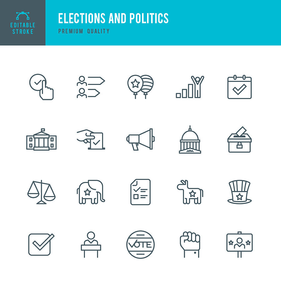 Election and Politics  - Thin Line Icon Set Drawing by Fonikum