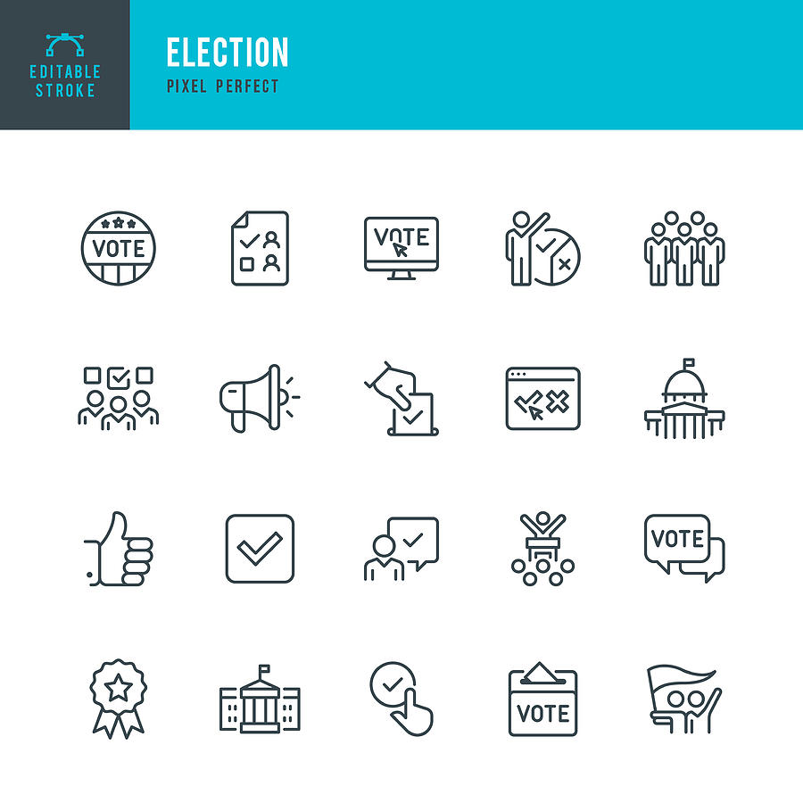 ELECTION - thin line vector icon set. Editable stroke. Pixel perfect. The set contains icons: Election, Politics, Voting, Capitol Building, White House, Presidential Election. Drawing by Fonikum
