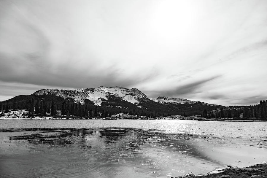 Electra Lake in Durago, Colorado along the Million Dollar Highway with San Juan Mountains in b/w Photograph by Eldon McGraw