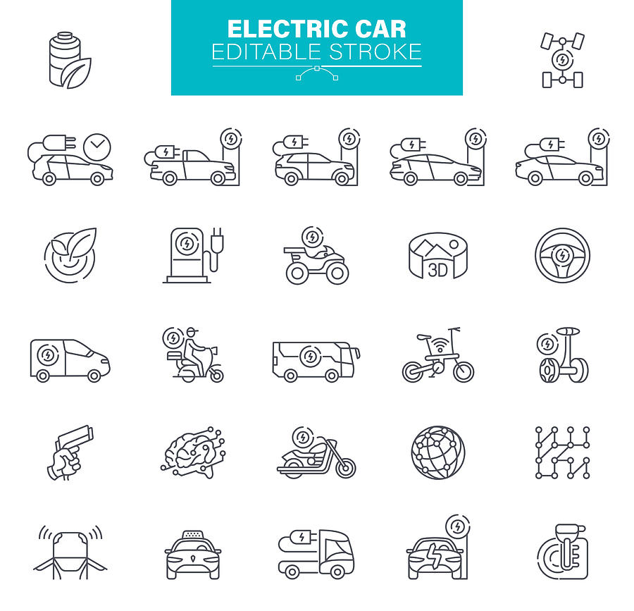 Electric car Icons Editable Stroke. . The set contains icons Ecology, environment, cable plug, charging symbol Drawing by Forest_strider