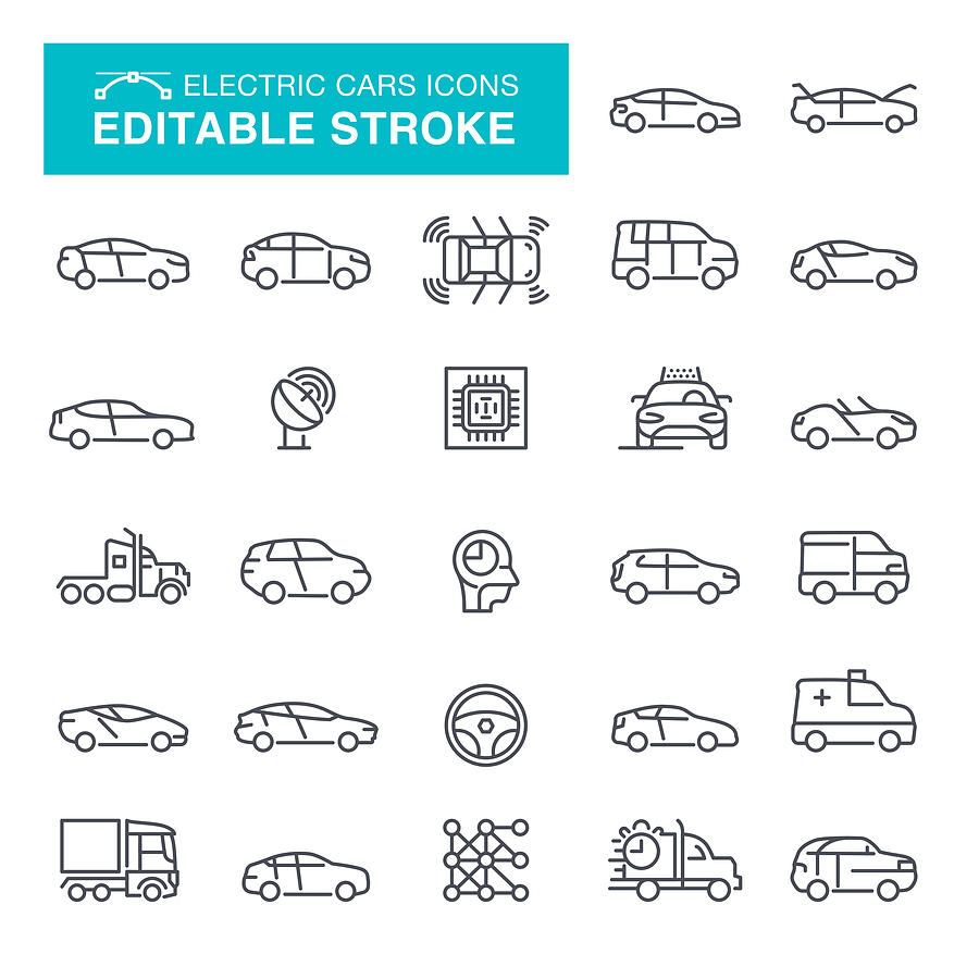 Electric Cars Editable Stroke Icons Drawing by Forest_strider