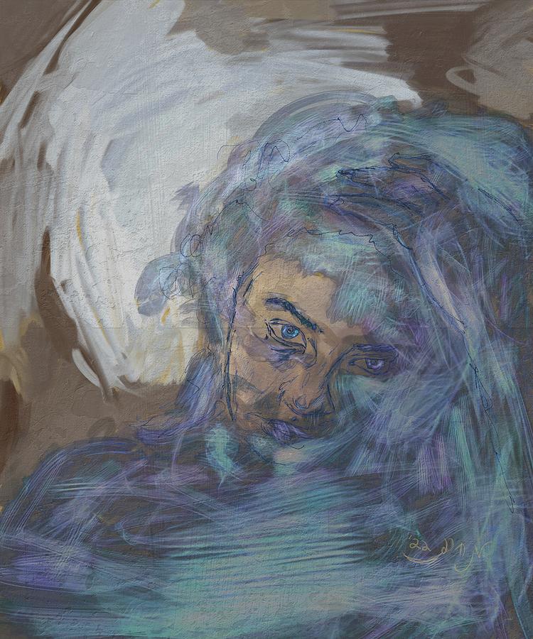 Electric gossamer portrait in blue and purple highly textured figure painting art halo religious  Painting by Mendyz