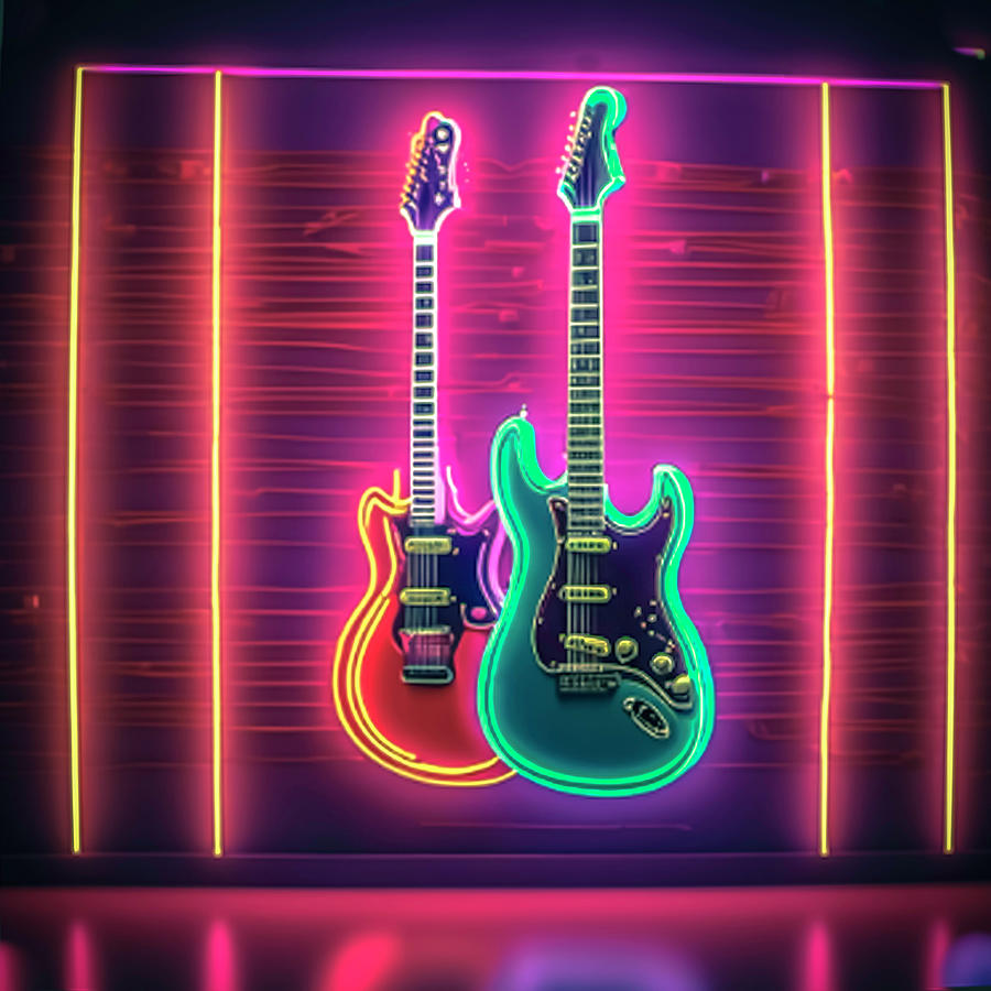 Electric guitars on neon wall Mixed Media by Darrell Foster