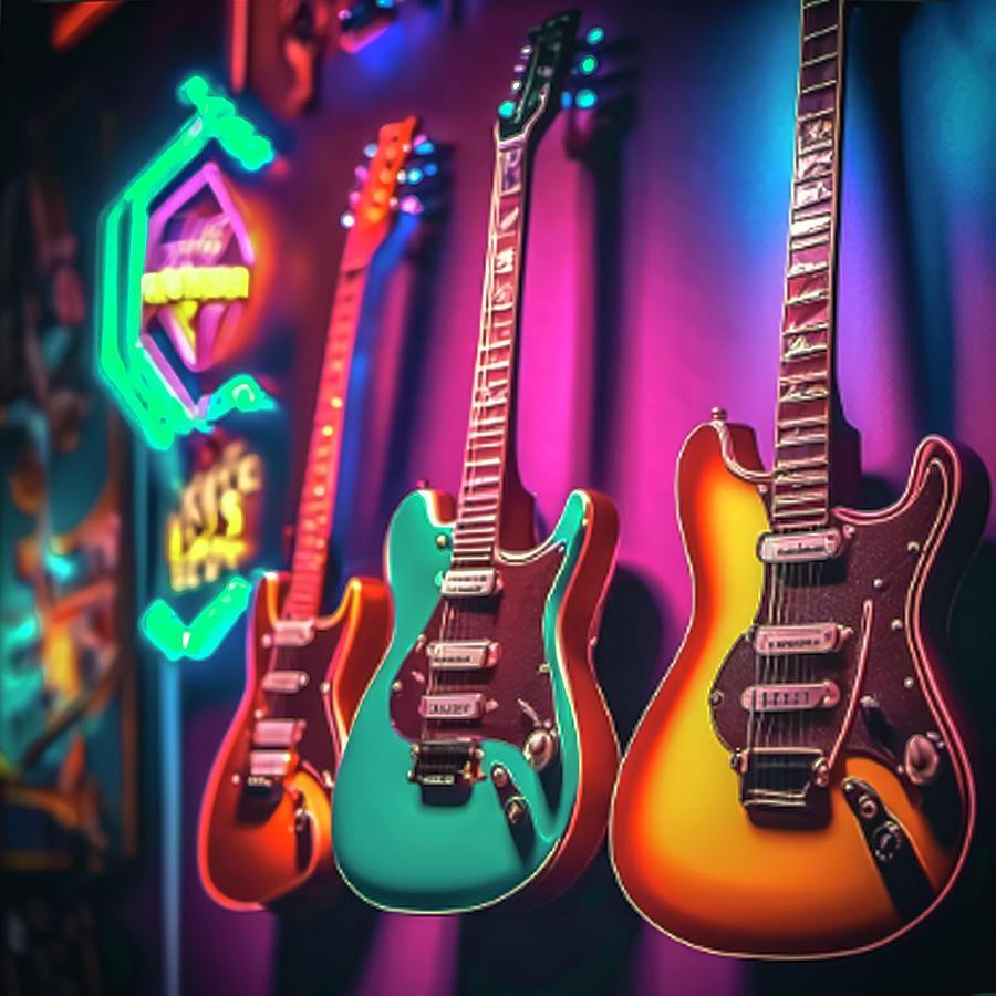 Electric guitars on wall Mixed Media by Darrell Foster