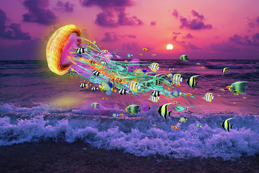 Electric Jellyfish at Sunset Beach Digital Art by David Loblaw Fine