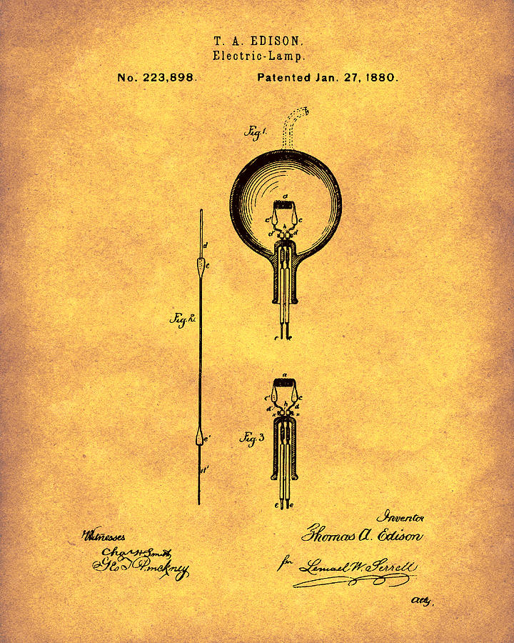 Electric Lamp Classic Patent Art 1880 Gold Background T A Edison Drawing by Prior Art Design