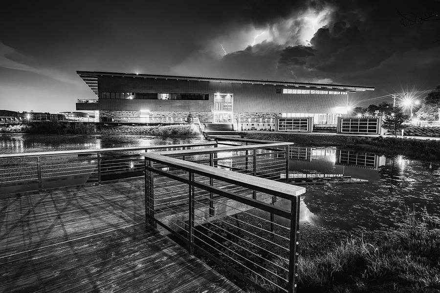 Electric Skies Over The Thaden Fieldhouse - Monochrome - Northwest Arkansas Photograph by Gregory Ballos