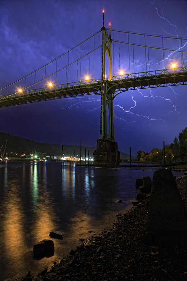 Electrical storm over the St. Johns Bridge Photograph by Zeb Andrews