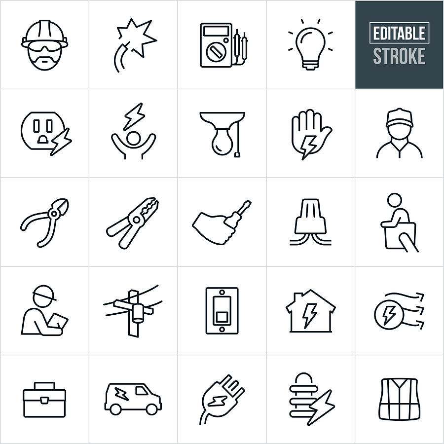 Electrician Line Icons - Editable Stroke Drawing by Appleuzr