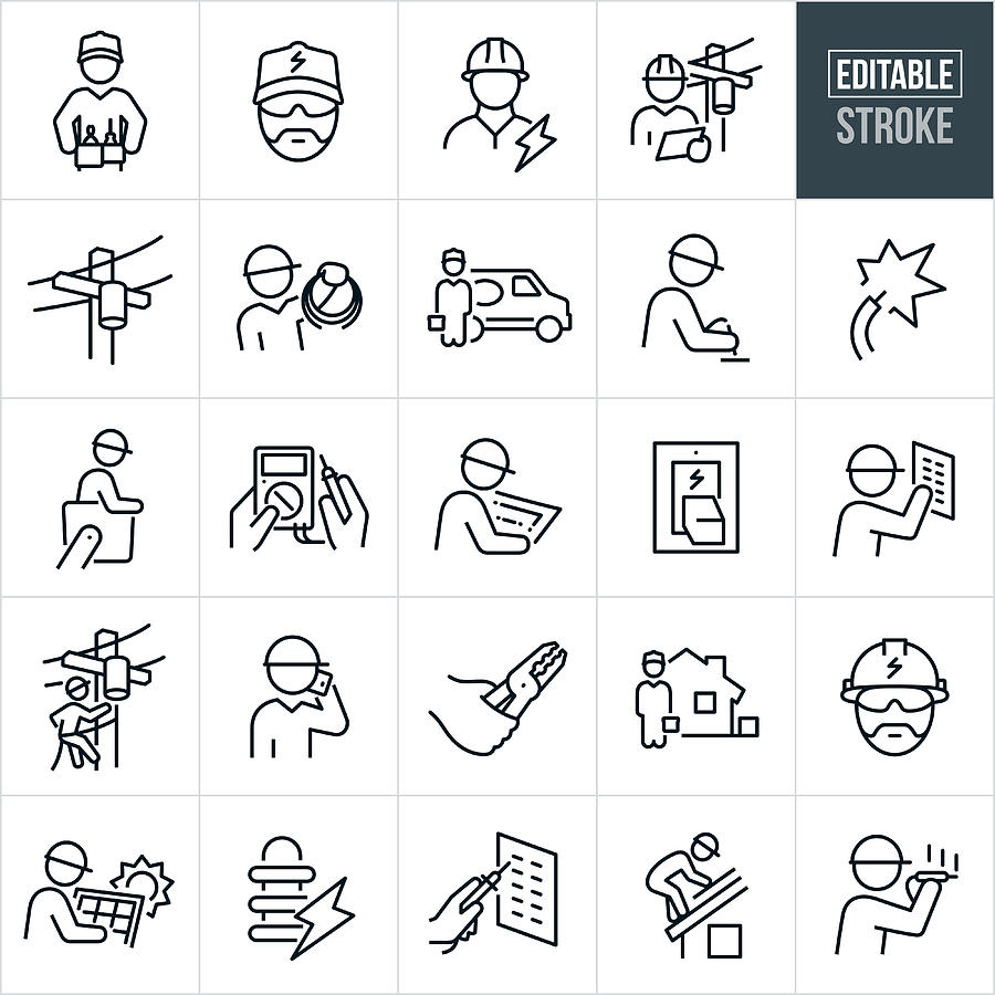 Electrician Thin Line Icons - Editable Stroke Drawing by Appleuzr