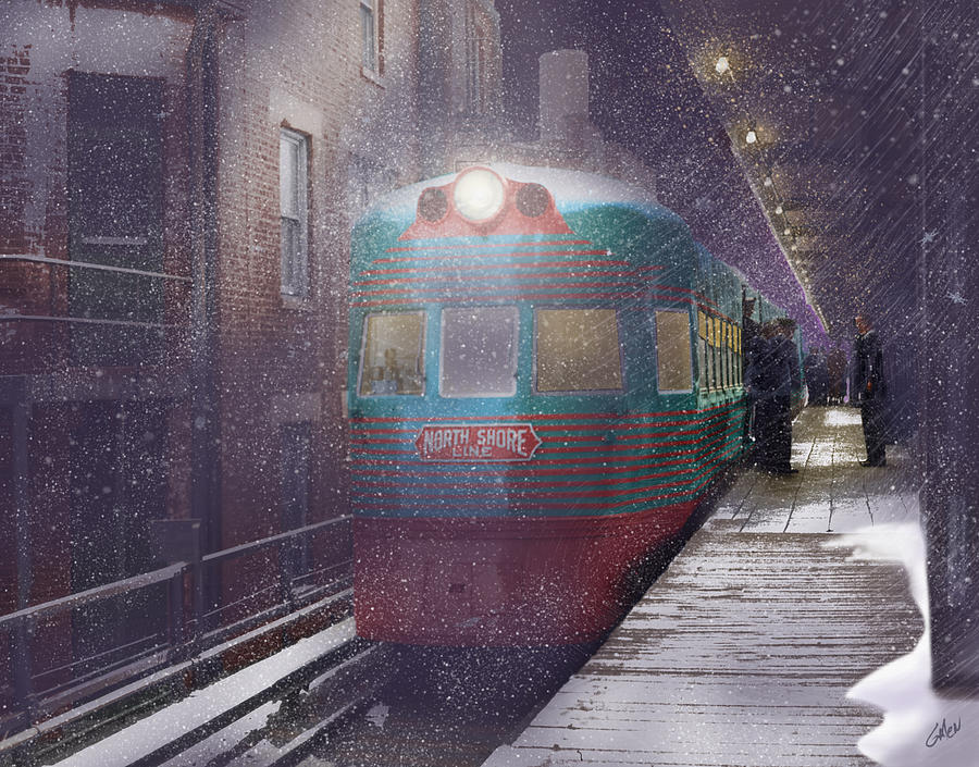 Electroliner in the Snow - Chicago  Painting by Glenn Galen