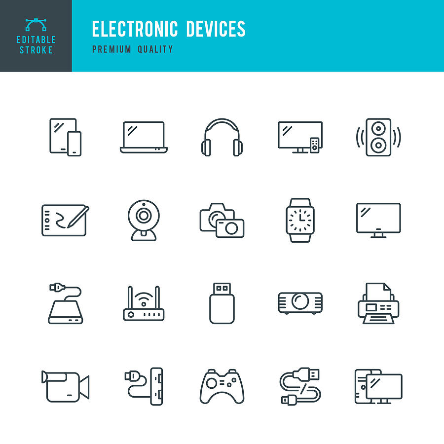 Electronic Devices - set of thin line vector icons Drawing by Fonikum