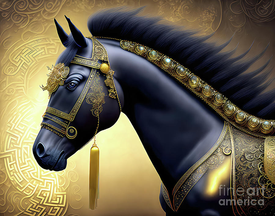 Elegant Black Horse with Golden Tack Digital Art by Elisabeth Lucas ...