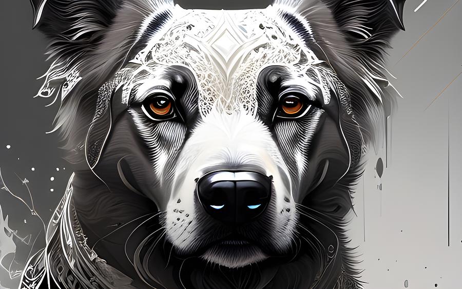 Elegant Canine Majesty - Artistic Portrait of a White, Grey, and Black Dog Digital Art by Artvizual Premium