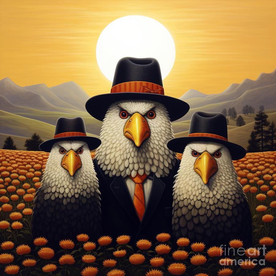 Elegant Eagles Dapper Avians in a Floral Twilight Painting by Vincent Monozlay