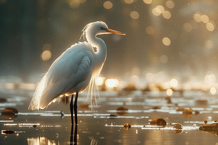 Egret Photograph - Elegant egret standing in water with sunlight filtering through mist, creating a serene, golden ambiance. by David Mohn