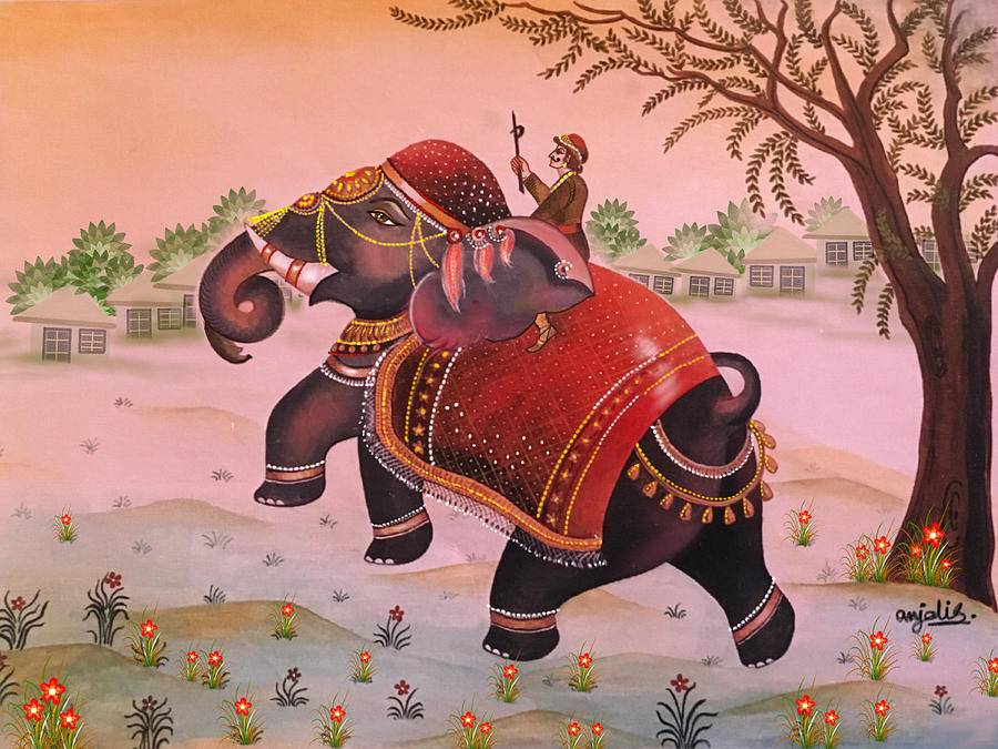 Elegant Elephant Rajasthani Painting Mixed Media