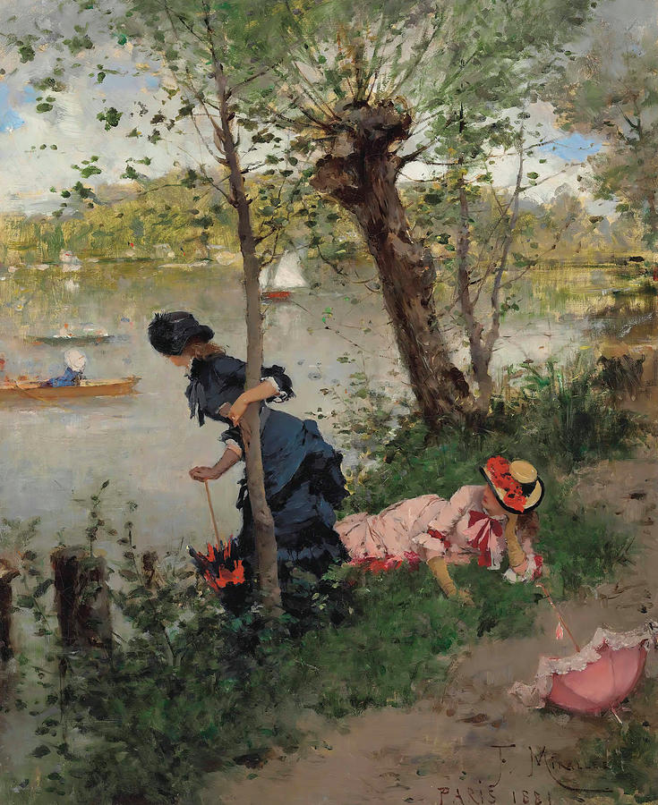 Elegant Ladies Resting By A River Painting By Francesc Miralles - Fine 