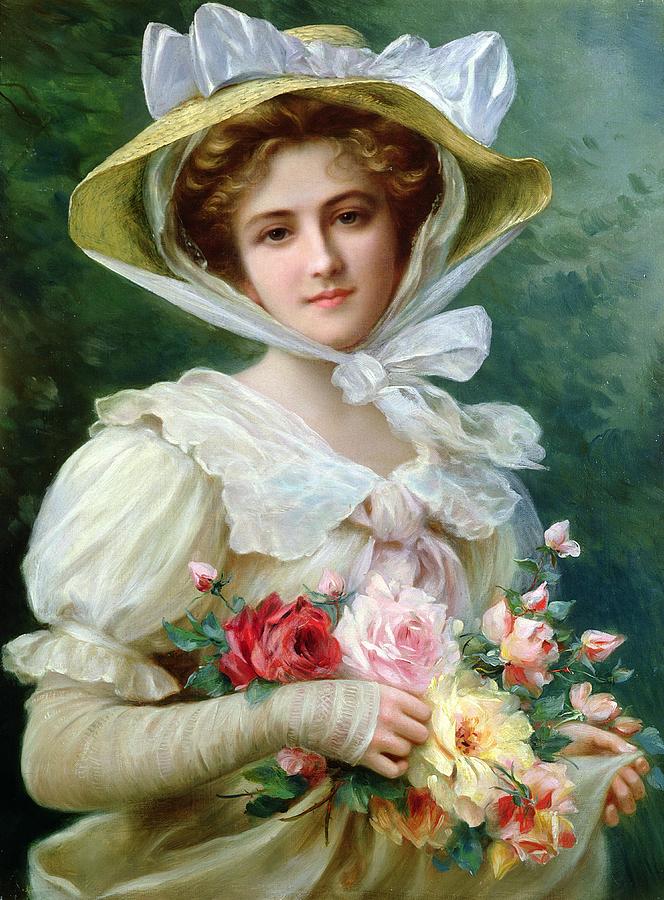 Rose Painting -  Elegant Lady with a Bouquet of Roses Iziashchnaia dama s buketom roz by Emile Vernon