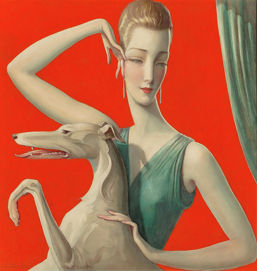 Elegant Lady With Greyhound - Art Deco Portrait  Painting by Wladyslaw Teodor Benda