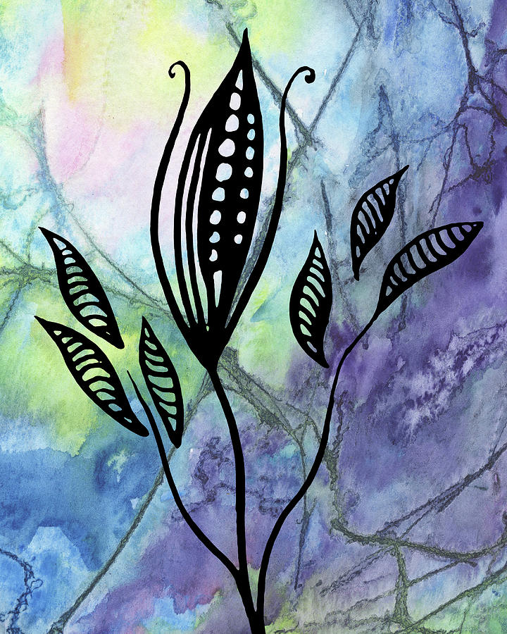 Elegant Pattern With Leaves In Blue And Purple Watercolor I Painting by Irina Sztukowski