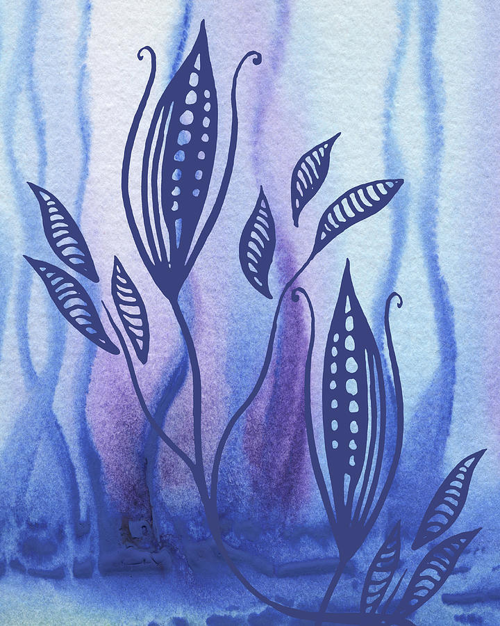 Elegant Pattern With Leaves In Blue And Purple Watercolor II Painting by Irina Sztukowski