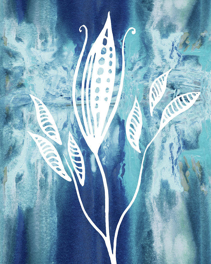 Elegant Pattern With Leaves In Teal Blue Watercolor I Painting by Irina Sztukowski